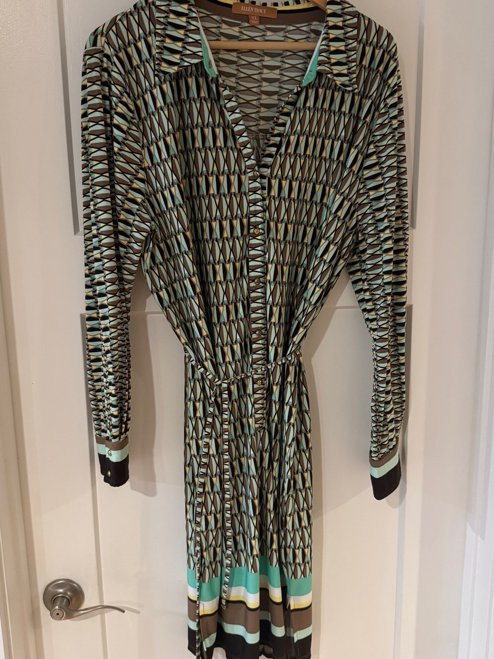 ELLEN TRACY Green and brown Geometric Print Long Sleeve Shirt Dress